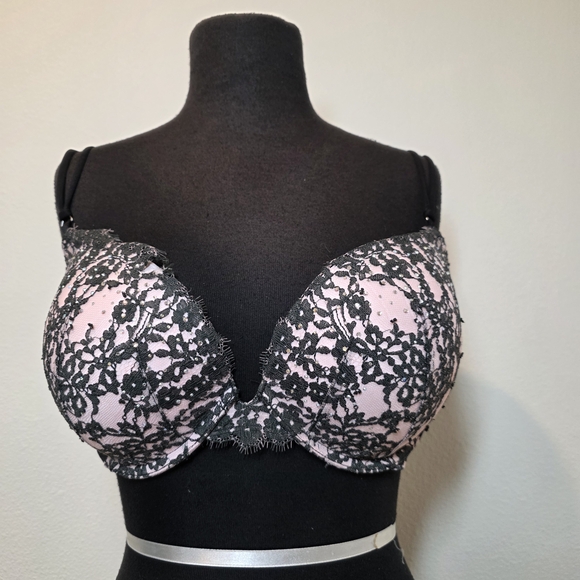 Victoria's Secret Other - Victoria's Secret Bombshell Pushup Bra Pink Lacy Rhinestone Gems 32DDD